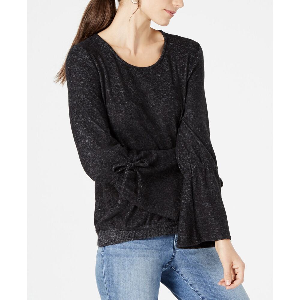 Style & Co Women's Tie-Sleeve Top Scoop Neckline Deep Black Size M